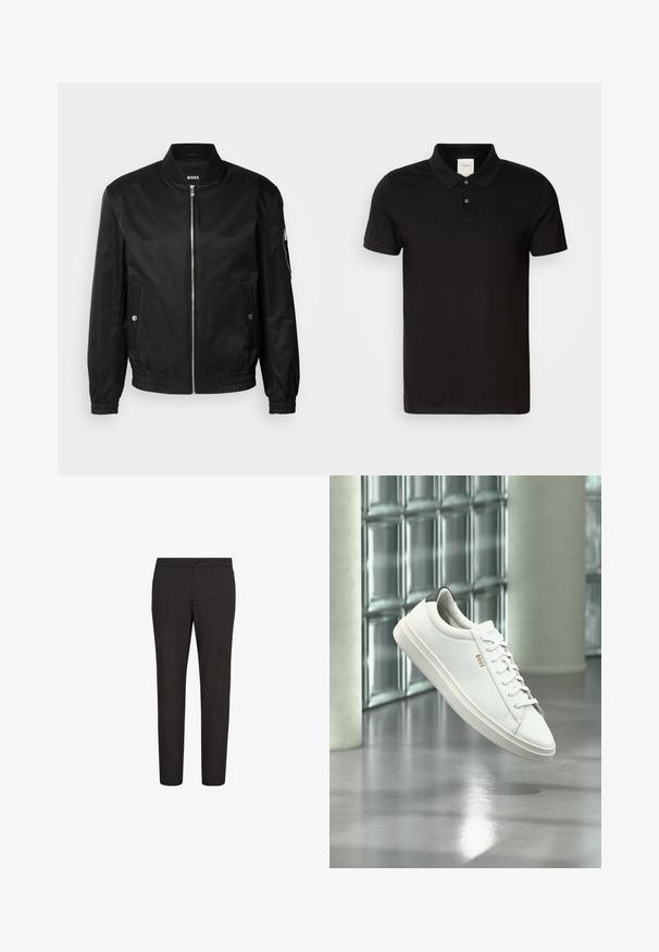 Chaqueta bomber negra hecha de tela suave, con un cuello de canalé, cremallera frontal, bolsillos laterales y puños y dobladillo elásticos.; Camisa polo negra hecha de una tela suave con un cuello clásico. Presenta dos botones en el cuello, mangas cortas y un logotipo sutil en el pecho.; Pantalones negros de corte ajustado, confeccionados en tela suave, con cierre de botones, trabillas para cinturón y sin patrones o detalles visibles.; Zapatilla deportiva de piel blanca de corte bajo con cordones, lengüeta negra en el talón y logo "BOSS", flotando en interiores cerca de una pared de bloques de vidrio y suelo pulido.