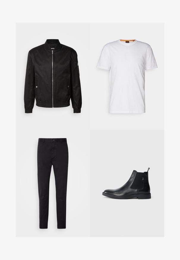 Chaqueta bomber negra hecha de tela suave, con un cuello de canalé, cremallera frontal, bolsillos laterales y puños y dobladillo elásticos.; Camiseta de algodón blanca con cuello redondo, mangas cortas y un sutil logo en relieve en el pecho. La etiqueta interior tiene un acento naranja.; Chinos negros con una textura suave, cierre de botón y diseño ajustado. Ideales para un look casual o semi-formal.; Botines Chelsea de cuero negro con paneles elásticos laterales, una pestaña para tirar y una suela de goma plana. Textura suave con un detalle mínimo.