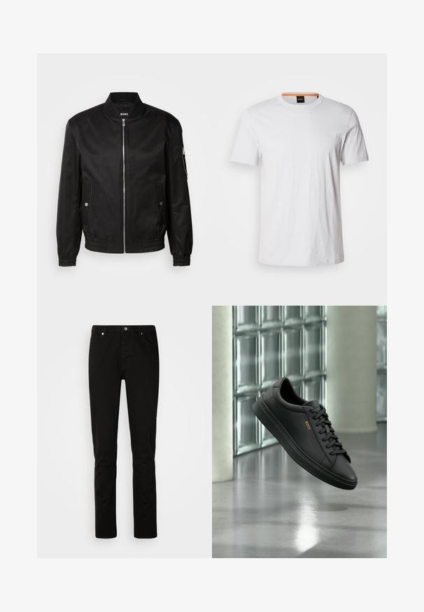 Sort bomberjakke lavet af glat stof, med en ribbet krave, lynlås foran, sidelommer og elastiske manchetter og kant.; Hvid kortærmet t-shirt lavet af blødt bomuld, med rund halsudskæring og subtil logo-detalje i matchende hvid på fronten.; Sorte denimbukser med slim fit, der har lynlås og fem-pocket design. Glat tekstur og solid syning.; Sort lavtopet lædersneaker med sorte snørebånd og gyldent BOSS-logo på siden, svævende over en blank grå gulv i et moderne indendørs rum.