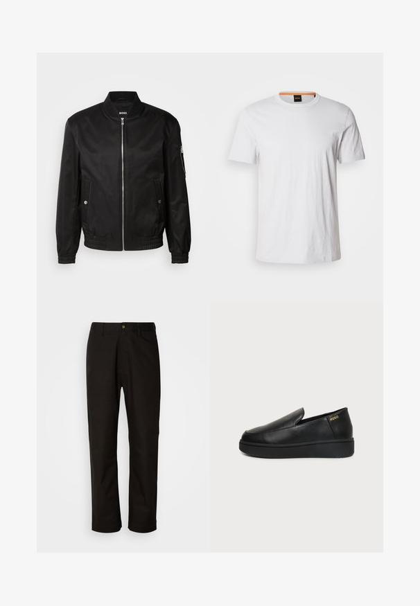 Chaqueta bomber negra hecha de tela suave, con un cuello de canalé, cremallera frontal, bolsillos laterales y puños y dobladillo elásticos.; Camiseta de manga corta blanca hecha de suave algodón, con un cuello redondo y un sutil detalle de logo en blanco a juego en la parte delantera.; Pantalones de algodón negros con corte recto, presillas para el cinturón, cremallera frontal y un solo botón de cierre. Textura suave sin patrones visibles.; Zapato de cuero negro tipo slip-on con suela gruesa y pequeños orificios de ventilación laterales, con el logo dorado de "HUGO" cerca del talón.