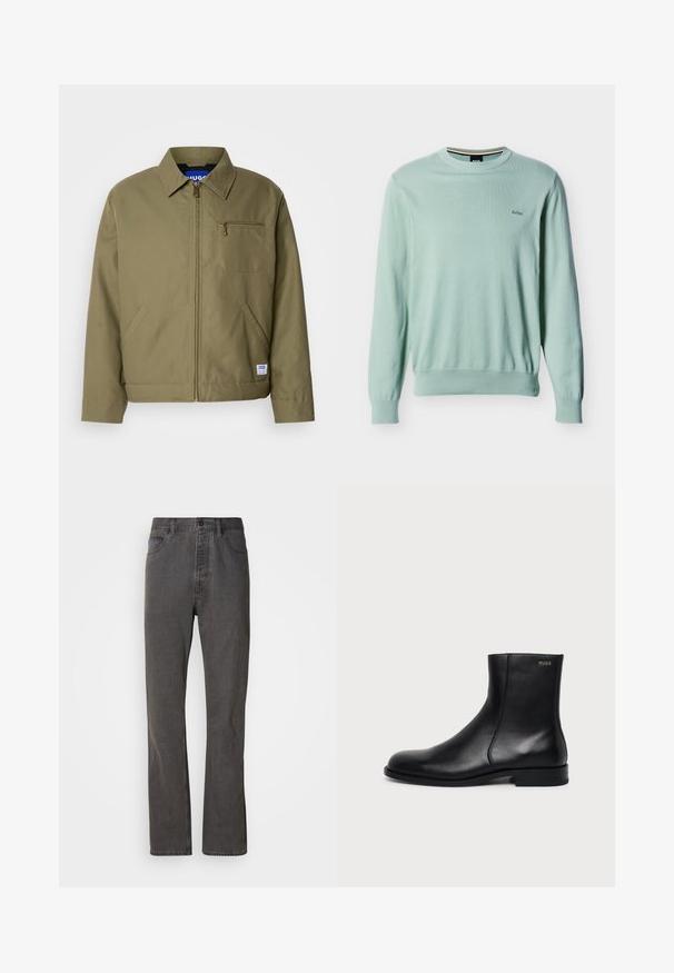 Veste verte olive avec fermeture éclair, col pointu, poche poitrine simple, poches latérales et étiquette de la marque bleue sur l'ourlet.; Pull à manches longues vert clair avec col rond, poignets et ourlet côtelés, petit logo "BOSS" brodé sur la poitrine gauche.; Jeans en denim gris avec une coupe droite, dotés de poches avant, d'une fermeture à bouton et d'une texture subtile.; Bottine en cuir noir à talon bas, couture latérale et petit logo "HUGO" sur le revers supérieur sur un fond uni.
