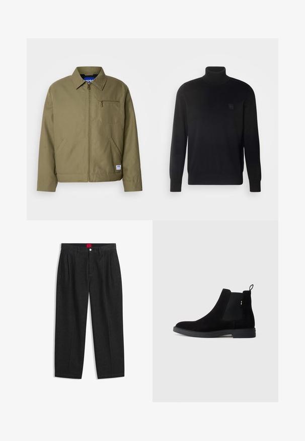 Veste verte olive avec fermeture éclair, col pointu, poche poitrine simple, poches latérales et étiquette de la marque bleue sur l'ourlet.; Pull à col roulé noir avec manches longues, col et poignets côtelés, fabriqué dans un tissu lisse. Présente une petite patch logo sur la poitrine.; Pantalon noir taille haute avec plis sur le devant, passants de ceinture, fermeture par bouton et zip, et une étiquette rouge à l’intérieur de la ceinture.; Bottines Chelsea en suède noir avec panneaux élastiques sur les côtés, bout rond et semelle en caoutchouc basse. Dotées d'une languette à l'arrière pour un enfilage facile.