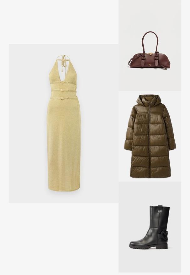 CLOSED PUFFER COAT - Manteau d'hiver - marsh green; Robe dorée à col halter avec un décolleté en V profond, taille ceinturée et silhouette droite. Fabriquée dans un tissu chatoyant à la texture lisse.; Botte en cuir noire mi-mollet avec semelle cramponnée, étiquette "Love Moschino" près du haut, et ornement en forme de cœur sur le côté extérieur près du talon.; Sac à main en cuir marron avec deux poignées courtes, ferrures dorées et accents cousus. Comprend une fermeture éclair et un logo décoratif à l'avant.