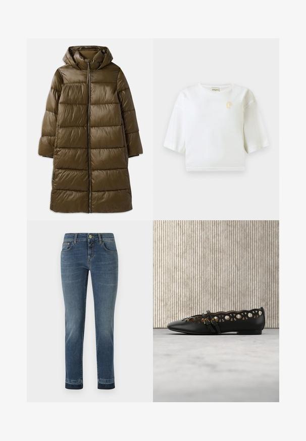 CLOSED PUFFER COAT - Manteau d'hiver - marsh green; T-shirt blanc court avec manches courtes et un petit "P" jaune brodé sur le côté gauche de la poitrine.; Jean en denim bleu foncé avec une coupe droite, doté d'une fermeture à bouton classique et de cinq poches. Légère décoloration sur les cuisses.; Chaussure plate en cuir noir avec découpes géométriques et deux petites boucles dorées, posée sur un tapis beige, près d'une table ronde marron.