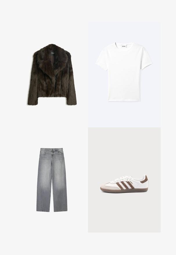 Veste en fausse fourrure marron avec un col châle et une coupe courte. Elle présente une surface douce et texturée et est entièrement doublée.; T-shirt blanc uni à manches courtes et col rond avec une petite étiquette "WEEKDAY" à l'intérieur de l'encolure, présenté à plat sur un fond clair.; Jean en denim gris à jambes larges avec une finition légèrement décolorée, doté de cinq poches, d'une fermeture à bouton à l'avant et de passants de ceinture.; Baskets Adidas Samba blanches avec des bandes en daim marron, semelle en caoutchouc marron et bout en daim beige, vues du côté extérieur sur un fond uni.