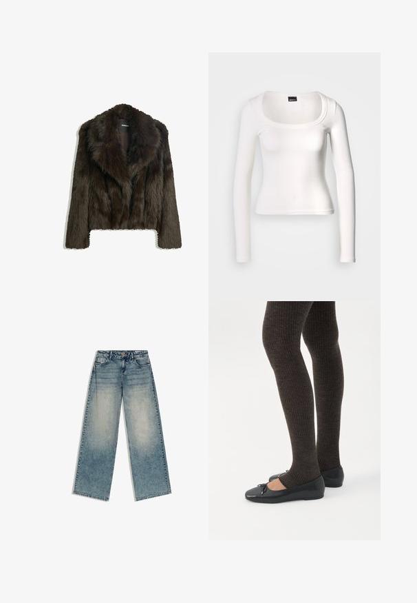 Brun faux fur jakke med sjalskrave og cropped design. Har en blød, tekstureret overflade og er fuldt foret.; Hvid langærmet top med rund halsudskæring. Fremstillet af ribstrikket stof, har den en tætsiddende pasform og en glat tekstur med en sømløs finish.; Blå vidbenede denimjeans med en falmet vask, design med fem lommer, bæltestropper og knaplukning, lagt fladt på en hvid baggrund.; Ben iført mørke ribbede leggings kombineret med sorte balletsko med små sløjfedetaljer på hvid baggrund.