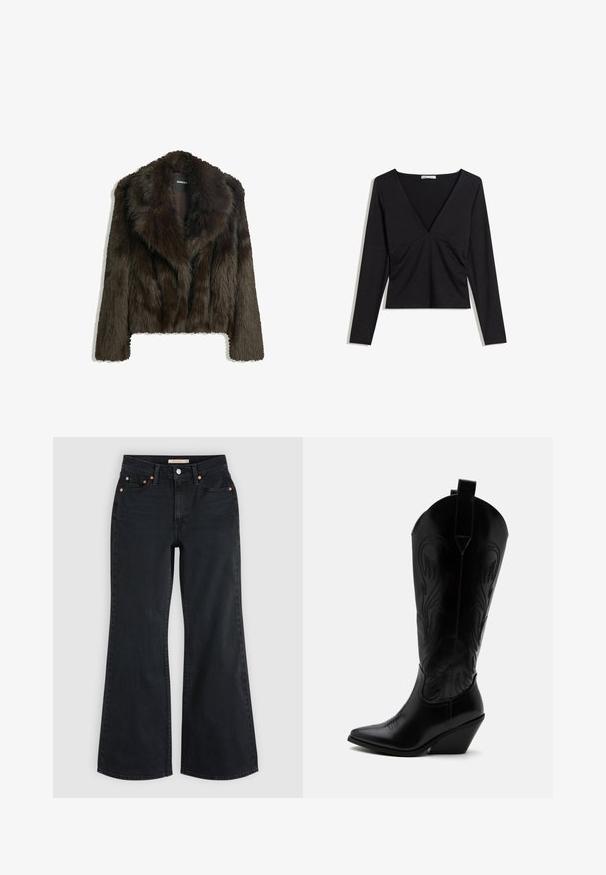 Brun faux fur jakke med sjalskrave og cropped design. Har en blød, tekstureret overflade og er fuldt foret.; Sort langærmet top med dyb V-udskæring, rynket detalje foran og tætsiddende silhuet. Fremstillet af blødt, strækbart stof.; Sort højttaljede jeans med vide ben, frontknap og lynlås, bæltestropper og fem-lomme design.; Sort læder cowboystøvle med spidst tåparti, skråt blokhælhæl, dekorative sømme og trækstropper øverst mod hvid baggrund.