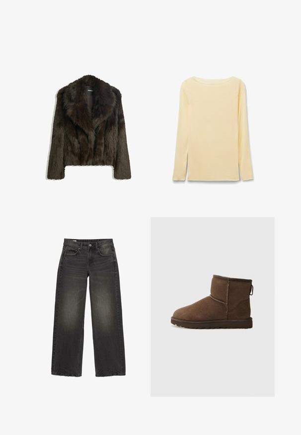 Brun faux fur jakke med sjalskrave og cropped design. Har en blød, tekstureret overflade og er fuldt foret.; Langærmet, cremefarvet, tætsiddende skjorte med bred, rund halsudskæring, lagt fladt på en hvid baggrund.; Sorte jeans med brede ben, falmede detaljer, knap foran, lynlås og fem lommer lagt fladt på en hvid baggrund.; UGG CLASSIC MINI II - Vinterstøvler - dusted cocoa