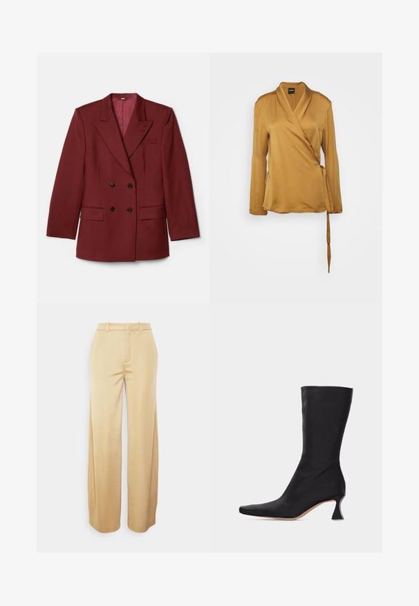 Dobbeltbrystet bordeaux blazer lavet af uldblanding. Har spidse klapkraver, to forlommer og sorte knapper. Foret med ensfarvet stof.; ASPESI CAMICIA - Bluse - biscotto/biscuit; DRYKORN DESK - Bukser - gold; Sort læderstøvle, der går til midt på læggen, med spids tå og buet lav hæl, mod en ensartet lys baggrund.