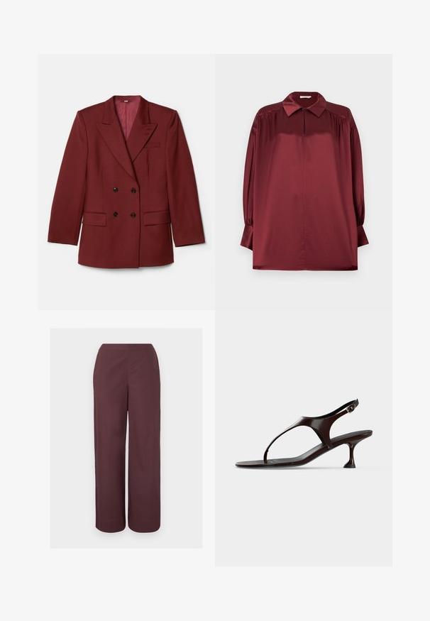 Dobbeltbrystet bordeaux blazer lavet af uldblanding. Har spidse klapkraver, to forlommer og sorte knapper. Foret med ensfarvet stof.; Langærmet bluse i bordeaux satin med spidst krave, plisserede skuldre og manchetter med knapper mod en ensfarvet baggrund.; Brune bredbenede bukser med høj talje, glat front og sidelommer, vist mod en ensartet lys baggrund.; Mørkebrun laklædersandal med rem bagpå, lille hæl og tårem på hvid baggrund.