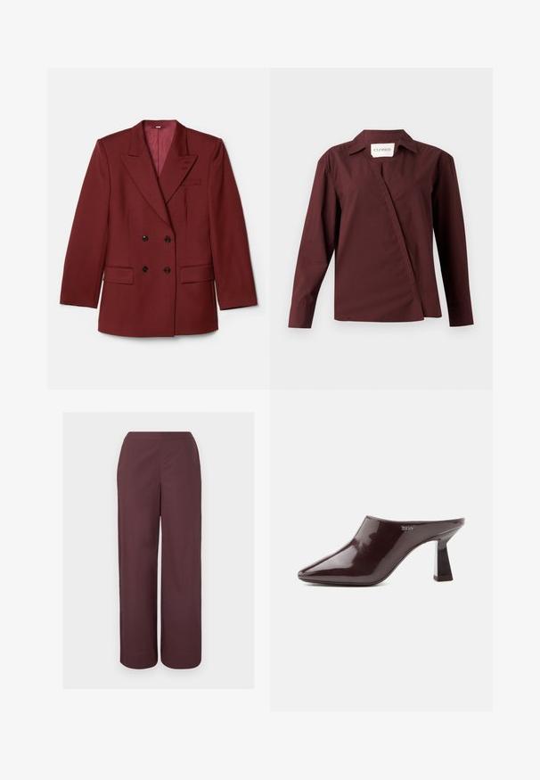 Topelt rinnaga burgundia värvi bleiser, mis on valmistatud villasegust. Omab teravaid krae, kahte esimest taskut ning musti nuppe. Polsterdatud ühetoalise kangaga.; CLOSED ASYMMETRIC SHIRT - Nööpidega pluus - dark raisin red; Pruunid kõrge vöökohaga laia säärega püksid, sileda esiosaga ja küljetaskutega, esitatud heleda ühevärvilise tausta ees.; Sädelev tumepruun terava varbaga mule, plokksiiniga ja DKNY logoga küljel, esitleb tavalisel valgel taustal.