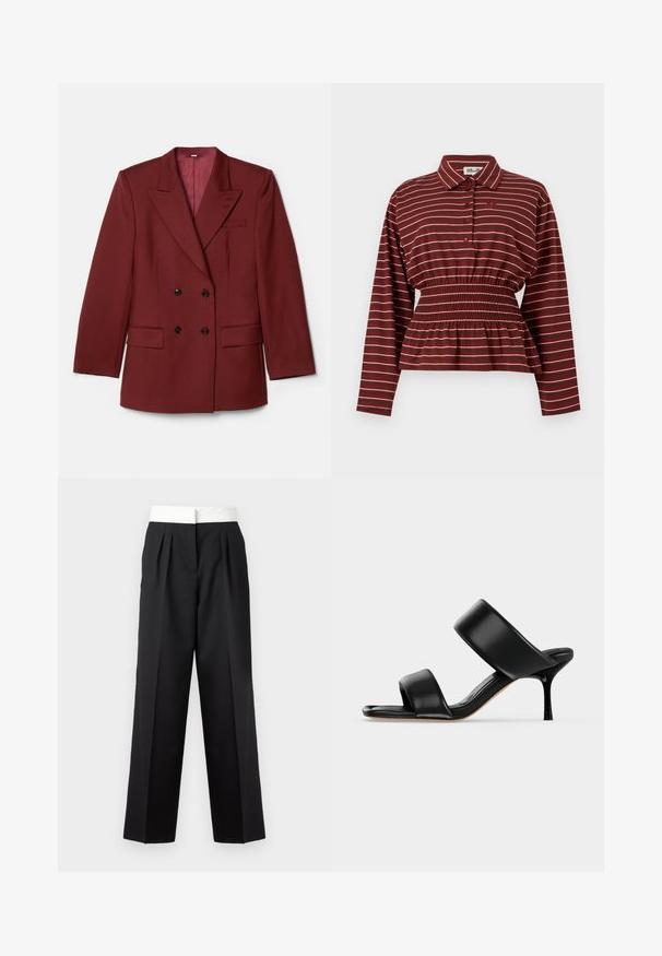 Dobbeltbrystet bordeaux blazer lavet af uldblanding. Har spidse klapkraver, to forlommer og sorte knapper. Foret med ensfarvet stof.; Bordeauxfarvet skjorte med lange ærmer og hvide striber, knappet front, elastisk talje og krave.; Sorte plisserede bukser med en bred hvid talje, der har en lige pasform og en glat tekstur for et struktureret udseende.; Sort læder mule sandal med to brede remme og en slank mellemhøj stiletthæl på en ensartet lys baggrund.