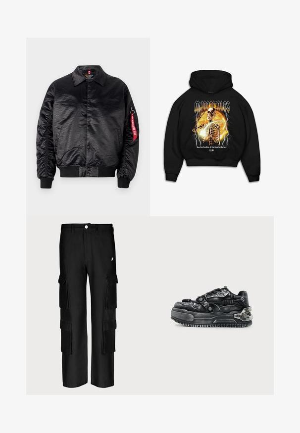 Sort bomberjakke med en glat satinfinish, der har et diskret logo-mønster, ribbede manchetter og et rødt stofmærke på ærmet.; Sort hoodie med et skelet-graphics på en orange baggrund, lyn akcenter og teksten "Hvordan kan du rejse dig, hvis du ikke har brændt."; Sorte cargo-bukser med løs pasform, flere sidelommer, knaplukning og en glat stofstruktur.; Sort chunky sneaker med tyk sål, snørebånd, teksturerede stropper og metal detaljer på hælen og siderne mod en lys baggrund.