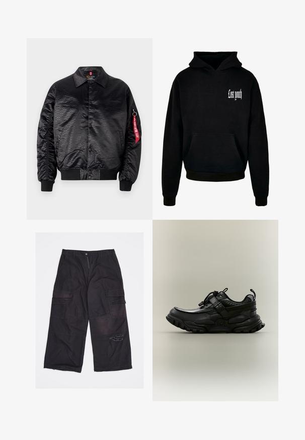 Chaqueta bomber negra con un acabado satinado suave, que presenta un sutil patrón de logotipos, puños acanalados y una etiqueta de tela roja en la manga.; Sudadera negra con capucha y bolsillo frontal, que presenta el texto blanco "Juventud perdida" en la esquina superior izquierda. Material de mezcla de algodón.; Pantalones cargo negros de pierna ancha con múltiples bolsillos y una rasgadura desgastada en el muslo derecho, colocados planos sobre un fondo blanco.; Zapatilla deportiva negra, voluminosa, con correa ajustable, cierre de cordones y suela resistente, mostrada de perfil sobre fondo neutro.