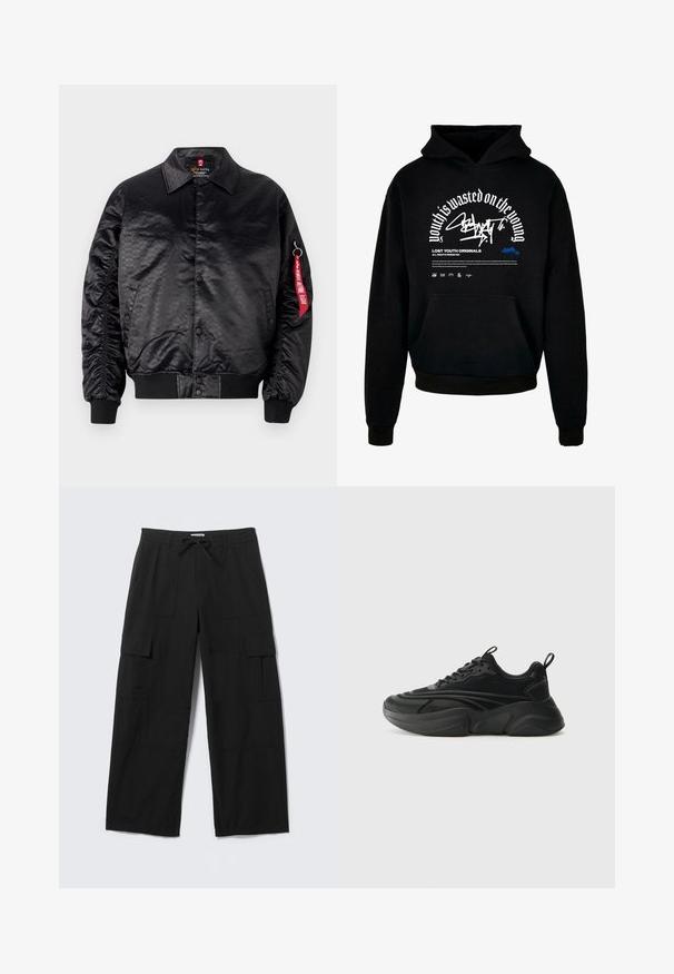 Veste bomber noire avec une finition satinée lisse, dotée d'un motif logo subtil, de poignets côtelés et d'une étiquette en tissu rouge sur la manche.; Sweatshirt à capuche noir avec poche avant. Présente un texte en gras blanc et un design graphique. Fabriqué en tissu doux, avec des poignets côtelés et une finition en ourlet.; Pantalon cargo large noir avec poches avant, poches à rabat sur les cuisses, passants de ceinture et taille à cordon, posé à plat sur un fond blanc.; Des chaussures de sport noires avec une semelle arrondie, une tige texturée et un col rembourré. Elles disposent de lacets, d'une languette et d'éléments de design superposés.