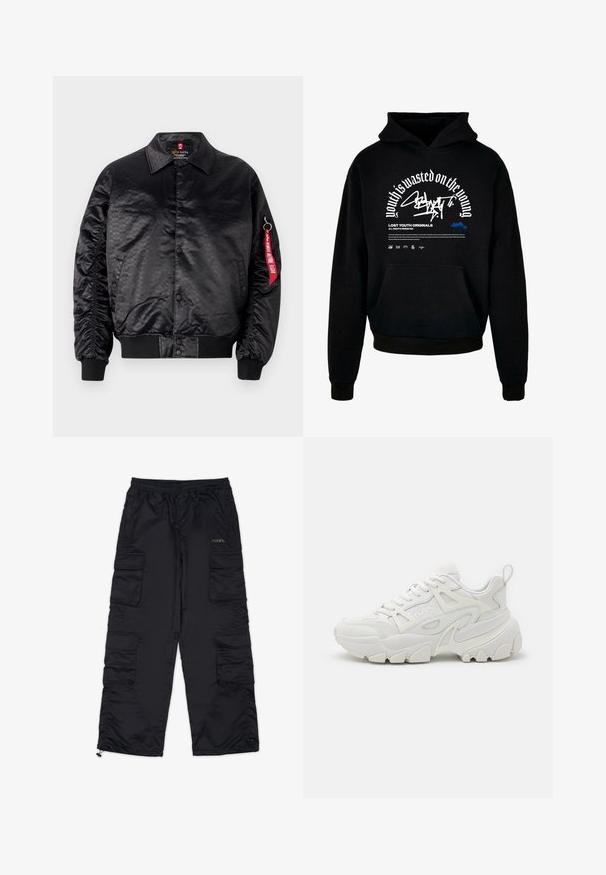 Chaqueta bomber negra con un acabado satinado suave, que presenta un sutil patrón de logotipos, puños acanalados y una etiqueta de tela roja en la manga.; Sudadera con capucha negra y bolsillo delantero. Presenta texto en negrita blanca y diseño gráfico. Fabricada con un tejido suave, con puños y terminación de dobladillo acanalados.; Pantalones cargo negros con una cintura elástica, múltiples bolsillos laterales y puños con cremallera. Fabricados en un tejido suave y ligero.; Zapatillas deportivas blancas con un upper texturizado, paneles de malla, suela de goma prominente y recortes decorativos en los laterales.