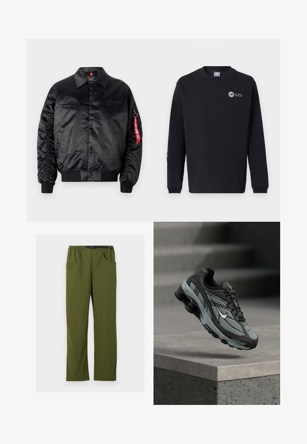 Sort bomberjakke med en glat satinfinish, der har et diskret logo-mønster, ribbede manchetter og et rødt stofmærke på ærmet.; Sort langærmet sweatshirt lavet af blødt stof. Har rund hals, ribbet manchetter og logo på bryst og ærme. Enkel, klassisk design.; Olivengrønne bukser med lige ben, elastisk talje og sort justerbart spændebælte, forlommer og sidelommer, detaljer med søm foran.; Grå og sort atletiksko med meshpaneler og tyk sål, placeret i luften over en betonliste med trapper i baggrunden.