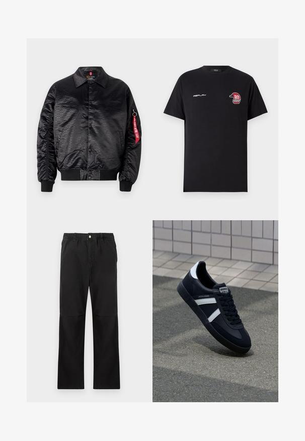 Chaqueta bomber negra con un acabado satinado suave, que presenta un sutil patrón de logotipos, puños acanalados y una etiqueta de tela roja en la manga.; Replay SHORT SLEEVE GRAPHIC - Camiseta estampada - black; Pantalones negros de algodón con una cintura elástica, que cuentan con un diseño de pierna recta, textura suave y sin acentos ni patrones visibles.; Zapatilla de cuero negra con rayas blancas, suela de goma texturizada y parte frontal con cordones. Cuenta con una etiqueta de marca en la lengüeta.
