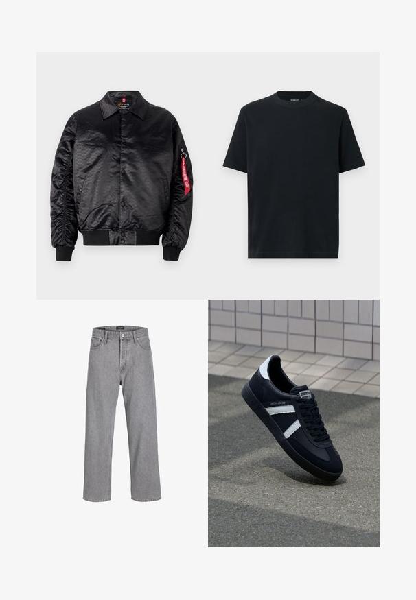 Veste bomber noire avec une finition satinée lisse, dotée d'un motif logo subtil, de poignets côtelés et d'une étiquette en tissu rouge sur la manche.; T-shirt noir à manches courtes avec un col rond, en coton doux. Design simple, sans motifs ni ornements.; Pantalon en denim gris avec une coupe décontractée et ample. Il présente un design traditionnel à cinq poches et une fermeture à bouton à la taille.; Sneaker en cuir noir avec des rayures blanches, semelle en caoutchouc texturée et devant à lacets. Présente une étiquette de marque sur la languette.
