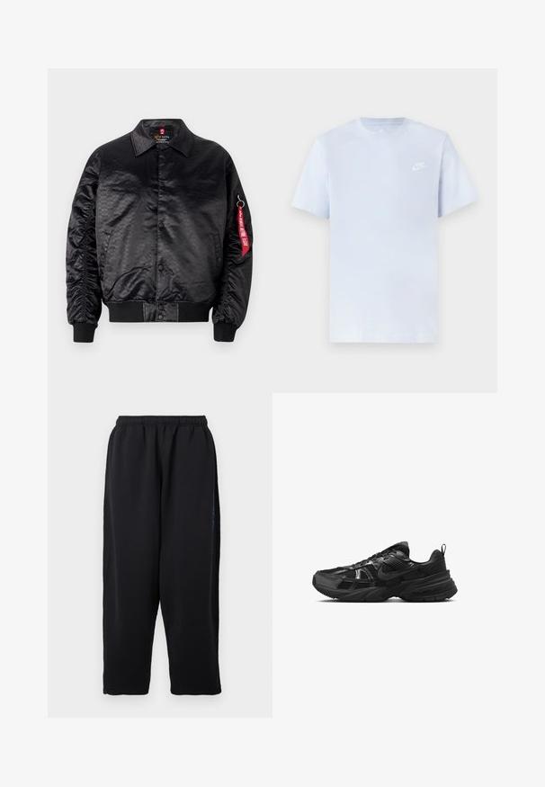 Chaqueta bomber negra con un acabado satinado suave, que presenta un sutil patrón de logotipos, puños acanalados y una etiqueta de tela roja en la manga.; Camiseta de algodón de color azul claro con mangas cortas, cuello redondo y un logo blanco de Nike impreso en el pecho izquierdo. Textura suave, diseño sencillo.; Pantalones deportivos negros de tela suave, con cintura elástica, piernas anchas y bolsillos laterales con sutiles detalles en azul.; Zapatilla deportiva negra con parte superior de malla, suela de goma y acentos texturizados. Presenta un diseño de cordones y un logotipo distintivo en el lateral.