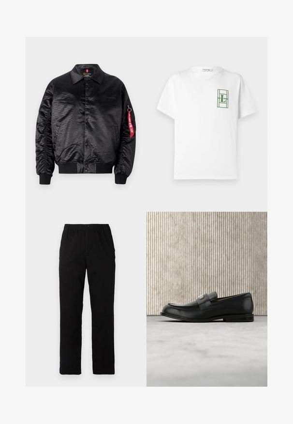 Chaqueta bomber negra con un acabado satinado suave, que presenta un sutil patrón de logotipos, puños acanalados y una etiqueta de tela roja en la manga.; Camiseta blanca de algodón con mangas cortas, que presenta un logo verde bordado en un diseño rectangular en el área del pecho izquierdo.; Pantalones negros de tejido de mezcla de algodón, con corte recto, cintura elástica con botón y sin patrones o acentos visibles.; Mocasín de cuero negro con una placa metálica de marca apoyado cerca de una mesa redonda marrón sobre un suelo alfombrado beige.