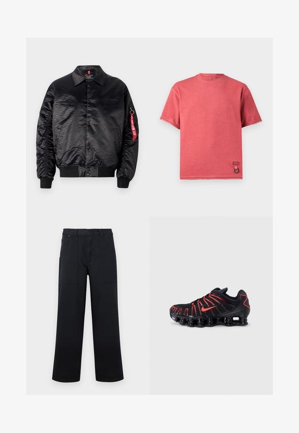Veste bomber noire avec une finition satinée lisse, dotée d'un motif logo subtil, de poignets côtelés et d'une étiquette en tissu rouge sur la manche.; T-shirt rouge délavé à manches courtes avec col rond, petite étiquette de marque et détail de boucle en métal près de l'ourlet inférieur.; Pantalon noir à jambes larges avec poches plaquées à l'avant, passants pour ceinture et fermeture par bouton, présenté sur un fond uni.; Chaussures de sport noires avec des accents rouges, dotées d'une tige en mesh texturé, d'un design ondulé unique et d'une semelle moulée et coussinée.