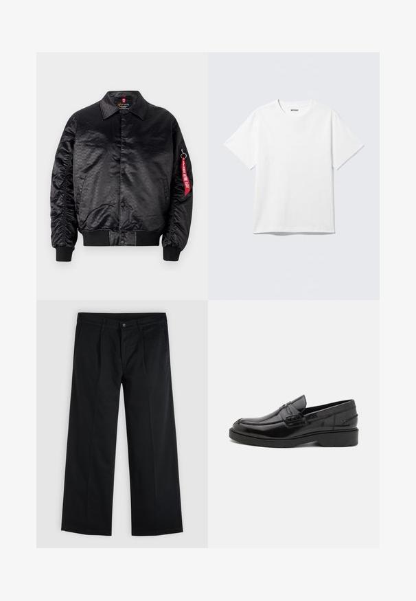 Chaqueta bomber negra con un acabado satinado suave, que presenta un sutil patrón de logotipos, puños acanalados y una etiqueta de tela roja en la manga.; Camiseta blanca de manga corta con cuello redondo, colocada plana, diseño liso, con etiqueta "WEEKDAY" en el interior del cuello sobre un fondo claro.; Pantalones negros de pierna recta con cierre frontal de botón y cremallera, bolsillos laterales y trabillas para cinturón sobre un fondo liso y claro.; Mocasines de cuero negro con un acabado suave, punta redondeada, tacón bajo y costura decorativa en la parte delantera. Suela de goma para mayor agarre.