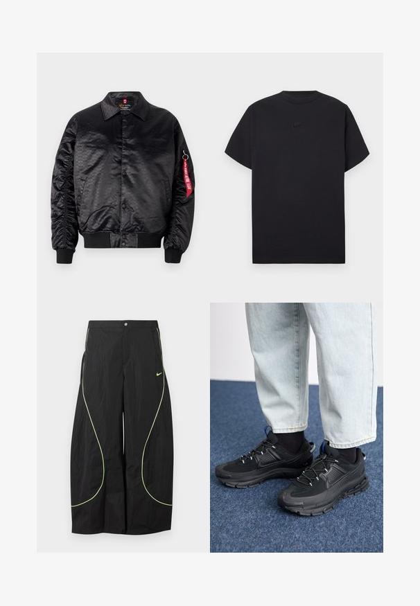 Chaqueta bomber negra con un acabado satinado suave, que presenta un sutil patrón de logotipos, puños acanalados y una etiqueta de tela roja en la manga.; Camiseta negra de manga corta Nike con cuello redondo y pequeño logotipo negro de Nike centrado en el pecho.; Pantalones anchos negros de Nike con ribete curvado en verde neón y pequeño logo de swoosh de Nike en el muslo derecho, cierre de botón y cremallera en la cintura.; Zapatillas deportivas negras con tejido texturizado y suelas de goma, con cordones elásticos y un acento azul en el talón. Combinadas con pantalones de mezclilla claros.