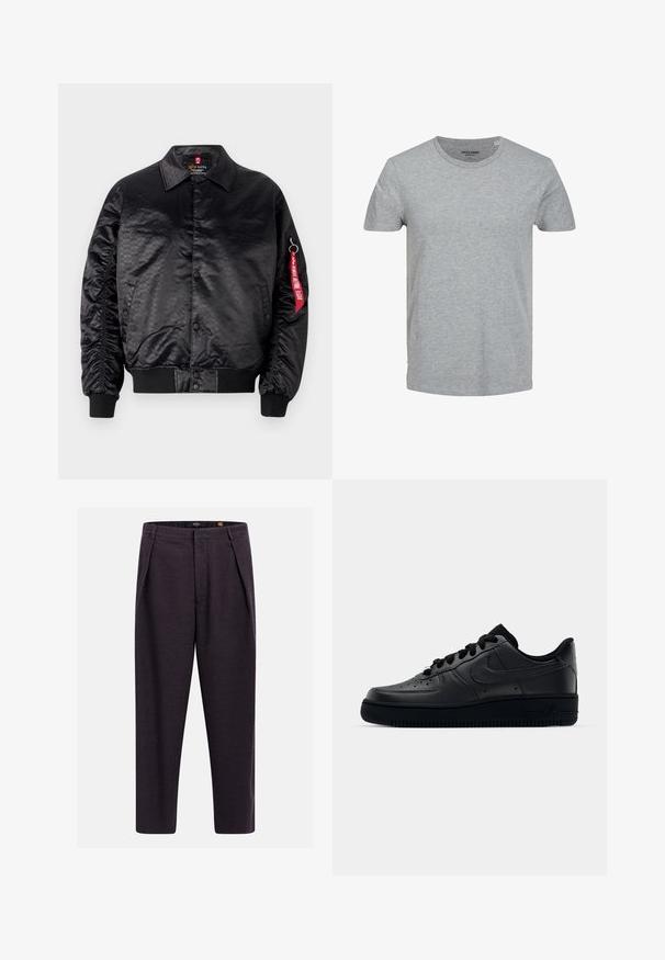 Chaqueta bomber negra con un acabado satinado suave, que presenta un sutil patrón de logotipos, puños acanalados y una etiqueta de tela roja en la manga.; Camiseta gris de manga corta hecha de suave algodón. Presenta un cuello redondo clásico y un corte regular. Diseño sencillo sin patrones ni acentos.; Pantalones a medida de color gris oscuro con trabillas para cinturón, pinzas delanteras y corte recto.; Zapatilla Nike Air Force 1 negra con parte superior de cuero liso, puntera perforada para transpirabilidad, cordones negros y suela de goma texturizada.