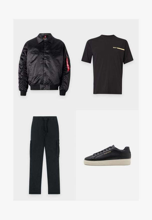 Veste bomber noire avec une finition satinée lisse, dotée d'un motif logo subtil, de poignets côtelés et d'une étiquette en tissu rouge sur la manche.; T-shirt de sport noir à manches courtes avec petit logo jaune "e27" et bande sur la partie supérieure gauche de la poitrine, col rond, et panneaux latéraux texturés subtils.; Pantalons cargo noirs avec une taille élastique, un cordon de serrage et des poches latérales. Fabriqués à partir d'un tissu lisse et durable ; design à jambes droites.; Sneaker en cuir noir avec une finition lisse, semelle crème contrastante, bout arrondi, logo doré sur le côté et six œillets pour les lacets.