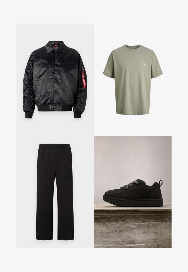 Chaqueta bomber negra con un acabado satinado suave, que presenta un sutil patrón de logotipos, puños acanalados y una etiqueta de tela roja en la manga.; Camiseta verde oliva claro de manga corta con cuello redondo y texto "ORIGINALS COPENHAGEN" en el lado izquierdo del pecho.; Pantalones deportivos negros de tela suave, con cintura elástica y discretos patrones cruzados en la parte inferior de las piernas. Diseño de pierna recta.; Zapatilla negra con parte superior de malla texturizada y acentos lisos. Presenta cordones grises y suela de goma con un patrón de tracción. Flotando sobre una superficie de madera.