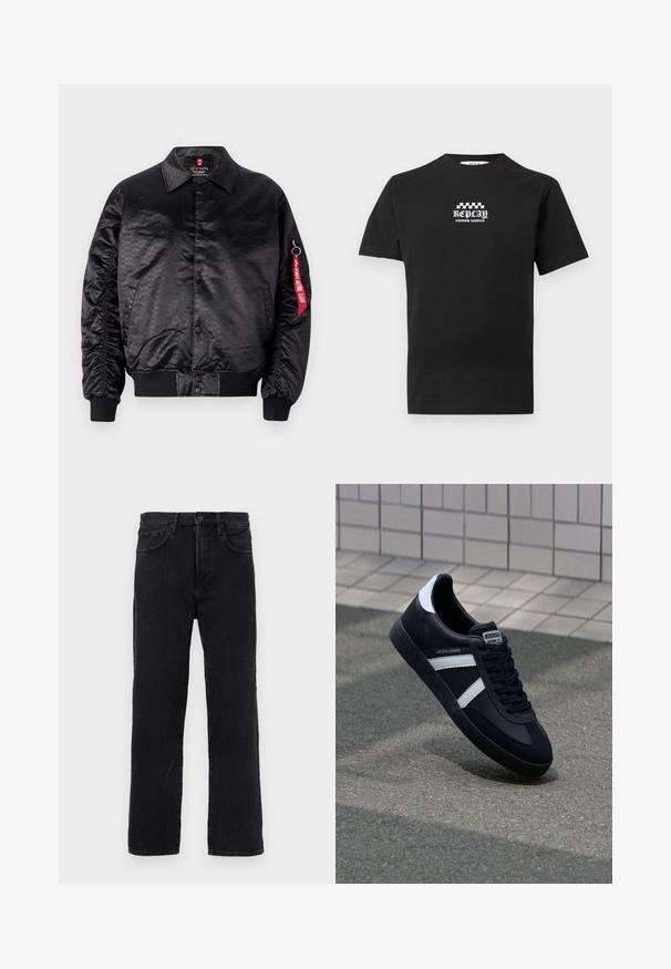 Chaqueta bomber negra con un acabado satinado suave, que presenta un sutil patrón de logotipos, puños acanalados y una etiqueta de tela roja en la manga.; Camiseta negra de manga corta con pequeño texto blanco "REPLAY Custom Service" y gráfico de bandera a cuadros en el pecho, fondo liso.; Pantalones vaqueros negros de corte recto con cierre frontal de botones y cremallera, trabillas para cinturón y diseño clásico de cinco bolsillos sobre un fondo liso.; Zapatilla de cuero negra con rayas blancas, suela de goma texturizada y parte frontal con cordones. Cuenta con una etiqueta de marca en la lengüeta.
