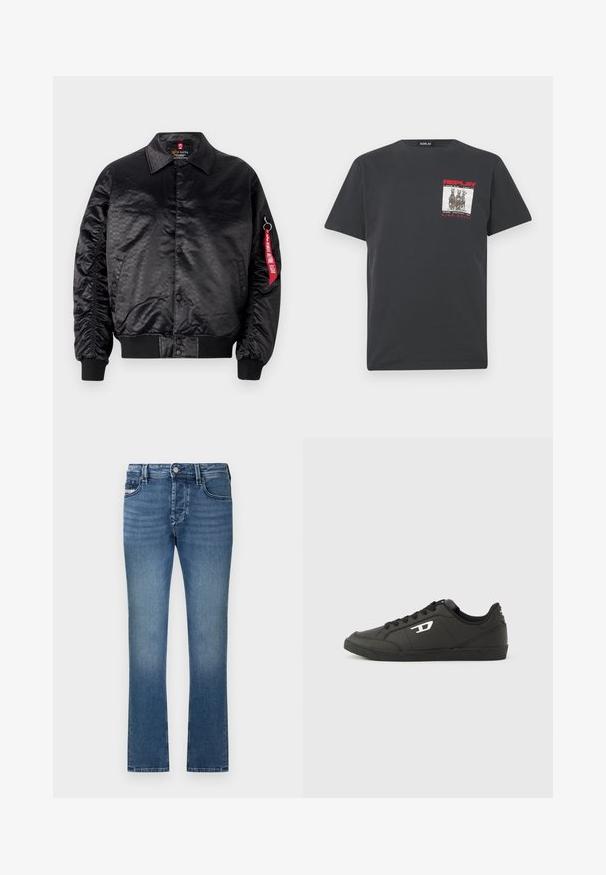 Sort bomberjakke med en glat satinfinish, der har et diskret logo-mønster, ribbede manchetter og et rødt stofmærke på ærmet.; Sort bomulds T-shirt med korte ærmer, der har et kvadratisk grafisk tryk i grå og rød på venstre bryst, mærket "REPLAY WIDE AWAKE."; Blå denimjeans med lige ben, design med fem lommer og en falmet finish. Har bæltestropper i taljen og lukning med metalknap.; Sorte syntetiske sneakers med en struktureret sort sål, rund tå og flade sorte snørebånd. Fremtrædende hvidt logo på ydersiden.