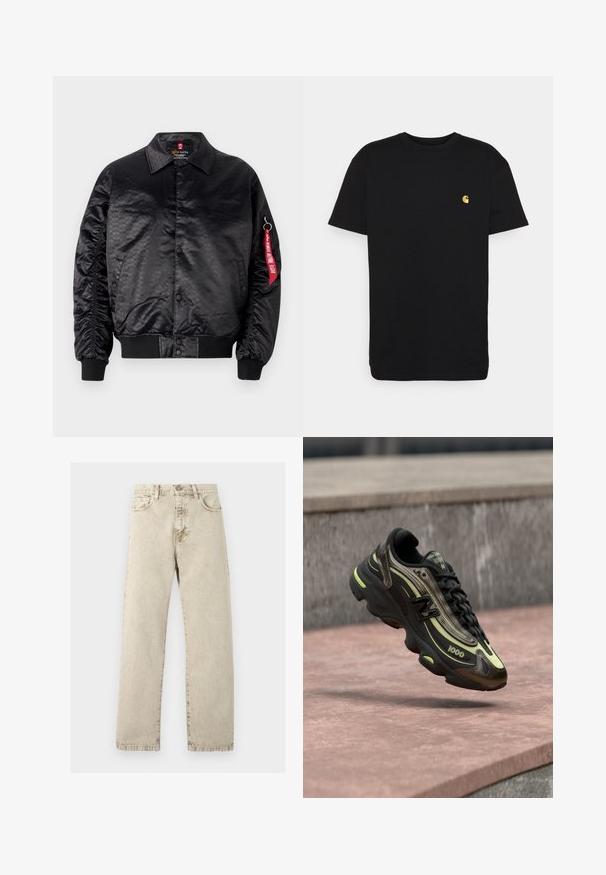 Sort bomberjakke med en glat satinfinish, der har et diskret logo-mønster, ribbede manchetter og et rødt stofmærke på ærmet.; Sort bomulds t-shirt med korte ærmer, rund halsudskæring og et lille gult logo på venstre brystområde. Enkel design og almindelig pasform.; Beige højtaljede straight-leg denimjeans med fem lommer og synlige syninger på en lys baggrund.; Sort og gul New Balance 1000-sneaker svævende over en lyserød stensurface med en grå stenvæg i baggrunden.