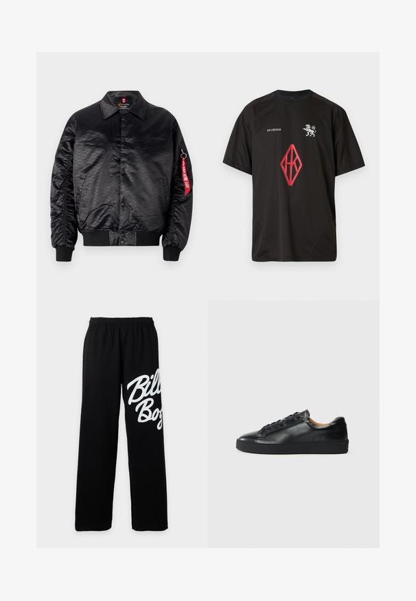 Chaqueta bomber negra con un acabado satinado suave, que presenta un sutil patrón de logotipos, puños acanalados y una etiqueta de tela roja en la manga.; Camiseta negra de manga corta hecha de tela ligera, con un emblema de león y un logo de diamante rojo en el frente.; Pantalones deportivos con cintura elástica negra, pierna ancha y gran texto blanco "Billabong" en el muslo derecho.; Zapatilla negra de cuero con una textura suave, puntera redonda y cierre de cordones. Presenta una suela de goma gruesa y un detalle de marca mínimo.