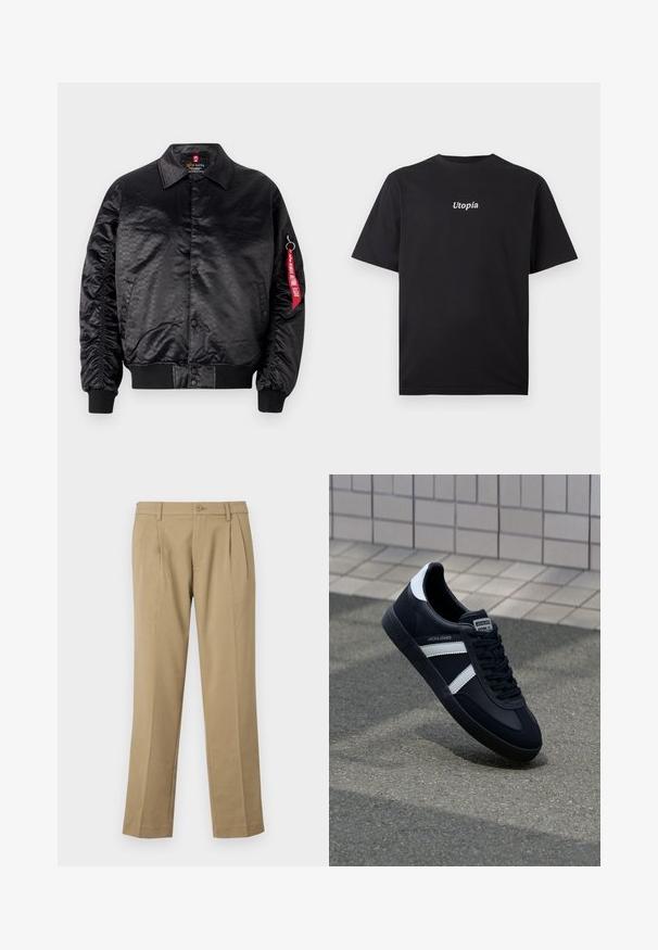 Sort bomberjakke med en glat satinfinish, der har et diskret logo-mønster, ribbede manchetter og et rødt stofmærke på ærmet.; Sort T-shirt med korte ærmer med hvid tekst "Utopia" centreret på brystet, vist på en ensfarvet lys baggrund.; Brune bukser lavet af glat stof, med to frontfolder, en knaplukning og lige ben med en ren kant.; Sort lædersneaker med hvide striber, tekstureret gummisål og snørrebånd foran. Har et brandet mærke på tungen.