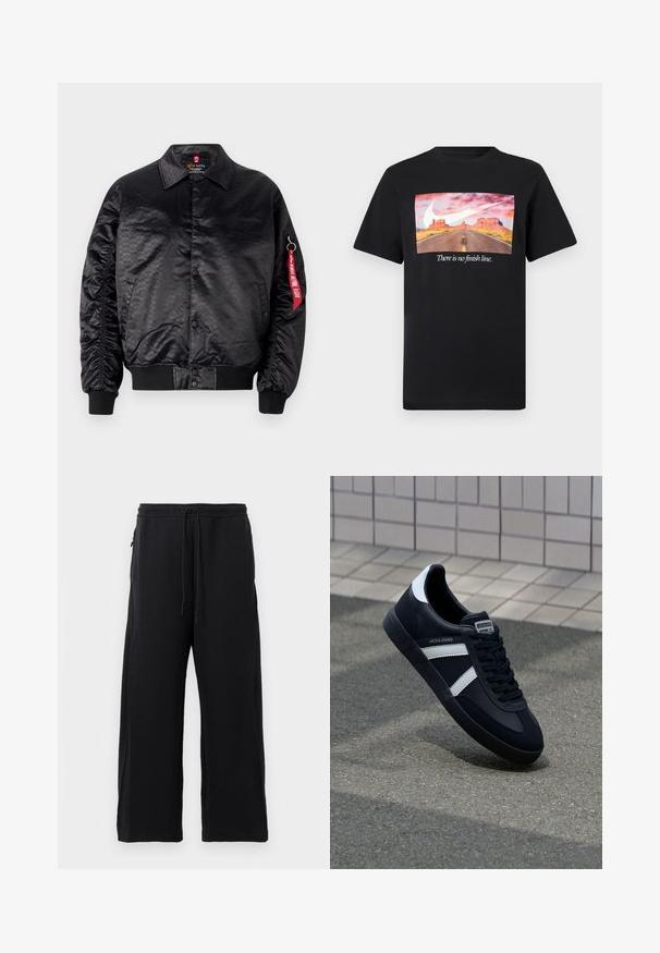 Sort bomberjakke med en glat satinfinish, der har et diskret logo-mønster, ribbede manchetter og et rødt stofmærke på ærmet.; Sort t-shirt med korte ærmer med print af en ørkenvej, stort hvidt Nike-swoosh og sætningen "Der er ingen målstreg."; Sorte joggingbukser lavet af blødt stof, med snoretræk i livet, bred ben-design og sidelommer med en glat overflade.; Sort lædersneaker med hvide striber, tekstureret gummisål og snørrebånd foran. Har et brandet mærke på tungen.