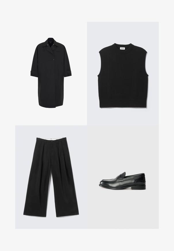 Lang sort frakke lavet af glat, vandafvisende materiale. Har et dobbeltbrystet design, store lommer og opdbare ærmer.; Sort ærmeløs sweater lavet af blødt strikket stof. Ribstrikket rund halsudskæring og kant. Enkel design uden yderligere mønstre eller detaljer.; Sorte bukser med vide ben, læg, bæltestropper og en knaplukning, vist mod en lys grå baggrund.; Sorte læder loafers med en glat overflade, syede detaljer over vamps og en let hævet hæl.