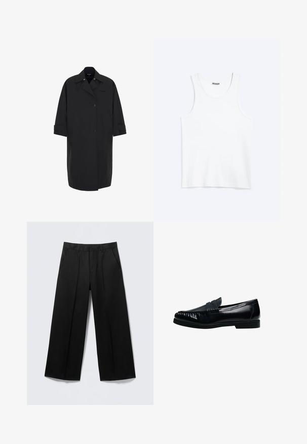 Langer schwarzer Mantel aus glattem, wasserabweisendem Material. Verfügt über ein doppelreihiges Design, große Taschen und umgeschlagene Säume.; Weißes ärmelloses Tanktop mit rundem Ausschnitt und Weekday-Markenetikett auf der Innenseite des hinteren Kragens, flach auf hellem Hintergrund dargestellt.; Schwarze Hosen mit weitem Bein, Gürtelschlaufen, Vordertaschen und Reißverschluss, auf einem hellgrauen Hintergrund präsentiert.; Schwarzer Herren-Pennyloafer aus Leder mit genähter Mokassinnaht und niedrigem Absatz, seitlich auf weißem Hintergrund dargestellt.