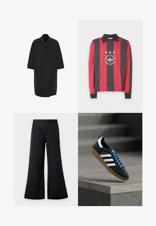 Langer schwarzer Mantel aus glattem, wasserabweisendem Material. Verfügt über ein doppelreihiges Design, große Taschen und umgeschlagene Säume.; Langärmeliges Poloshirt mit breiten, vertikalen roten und dunkelgrauen Streifen, Kragen und mittigem Logo mit drei Sternen und dem Schriftzug „Three Stripes One World“.; Schwarze weite Hosen aus glattem Stoff, mit vorderen Falten und einem Bund. Sauberes Design ohne sichtbare Muster oder Akzente.; Schwarzer Adidas-Sneaker mit weißen Streifen, blauen Schnürsenkeln und Gummisohle, der über einer grauen Betontreppe im weichen Licht schwebt.