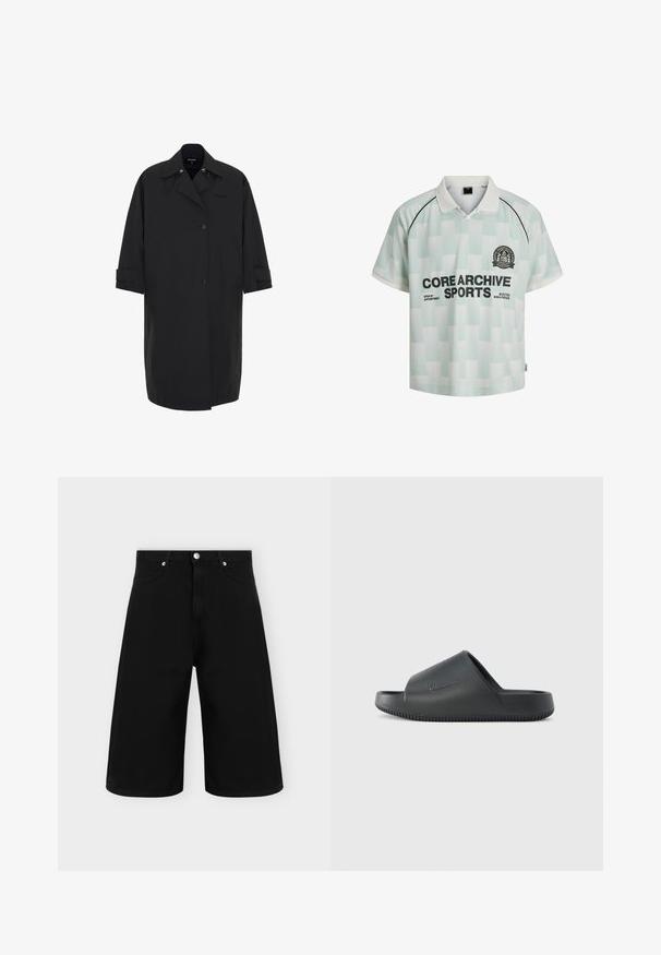 Lang sort frakke lavet af glat, vandafvisende materiale. Har et dobbeltbrystet design, store lommer og opdbare ærmer.; Lyseblå og hvide ternet sports-polo med korte ærmer, hvid krave, sort piping og teksten "CORE ARCHIVE SPORTS" på forsiden.; Sorte denimbukser med brede ben, forlommer, bæltestropper og en sølvfarvet knaplukning på en ensfarvet lys baggrund.; Sort slidesandal med en glat mat finish, der har en afrundet åben tå og en forhøjet gummisål med tekstureret greb for bedre trækkraft.