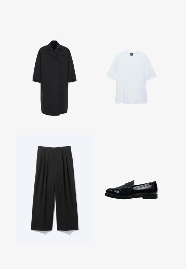 Lang zwart jasje gemaakt van een glad, waterafstotend materiaal. Heeft een dubbelknops ontwerp, grote zakken en oprolbare mouwen.; Effen witte oversized T-shirt met korte mouwen, ronde halslijn en een zwart label aan de binnenkant van de kraag, op een witte achtergrond.; Zwarte wijde broek met voorplooien, riemlussen en knoopsluiting, weergegeven op een effen lichte achtergrond.; Zwarte leren heren penny loafer met gestikte moc toe en lage hak, zijaanzicht op witte achtergrond.