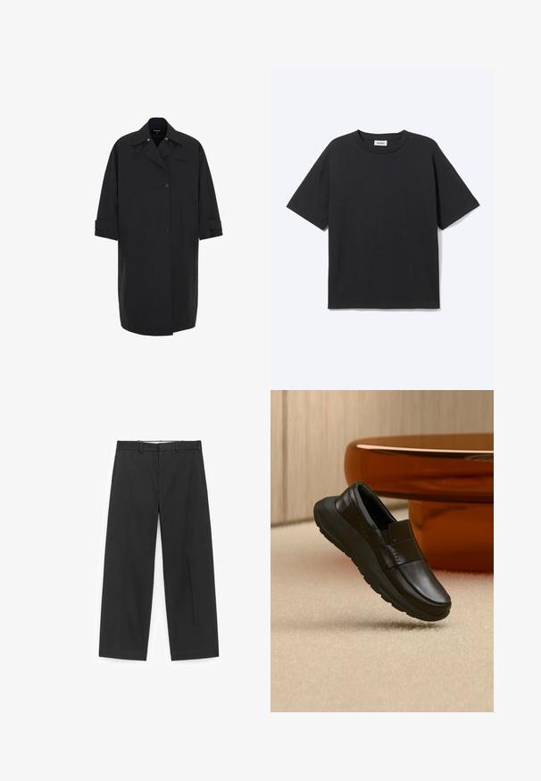 Langer schwarzer Mantel aus glattem, wasserabweisendem Material. Verfügt über ein doppelreihiges Design, große Taschen und umgeschlagene Säume.; Schwarzes T-Shirt mit kurzen Ärmeln und Rundhalsausschnitt in lockerer Passform, Vorderansicht, schlichtes Design und sichtbares Weekday-Label im Krageninneren.; Schwarze, weit geschnittene Hose aus glattem Stoff, mit einem Taillenbund mit Gürtelschlaufen und seitlichen Taschen, in einem klaren, minimalistischen Design.; Schwarzer Ledermokassin mit dicker Sohle, dargestellt über beigem Teppich und nahe einer runden bernsteinfarbenen Tischbasis.