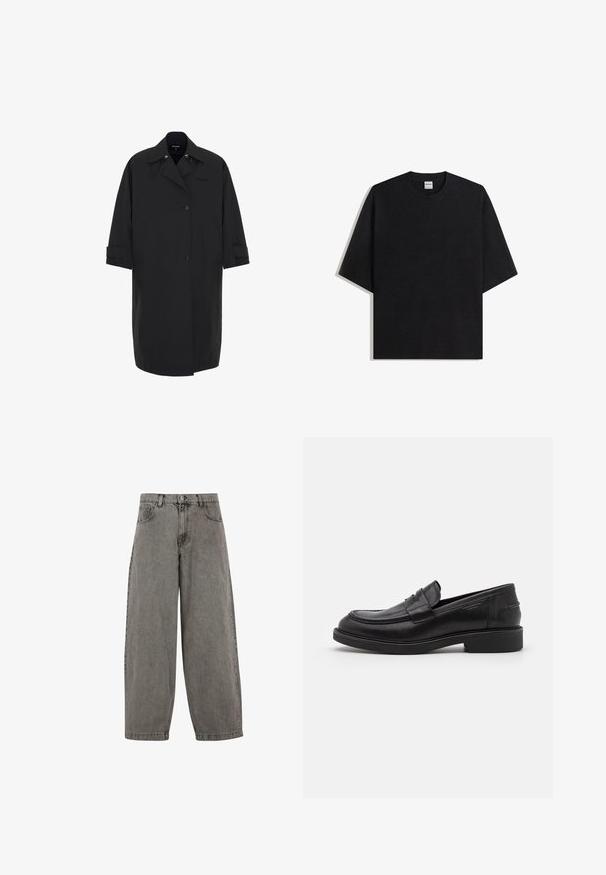 Lang sort frakke lavet af glat, vandafvisende materiale. Har et dobbeltbrystet design, store lommer og opdbare ærmer.; Sort oversized t-shirt med rund hals og korte ærmer, lagt fladt på hvid baggrund, Bershka-mærket synligt inde i kraven.; Grå denim bukser med høj talje, brede ben, klassisk fem-lomme design og knaplukning foran. Let struktureret finish.; Sorte læder loafers med en rund tå, tonale syninger og en stropdetalje foran. Gummisål med en lav hæl.