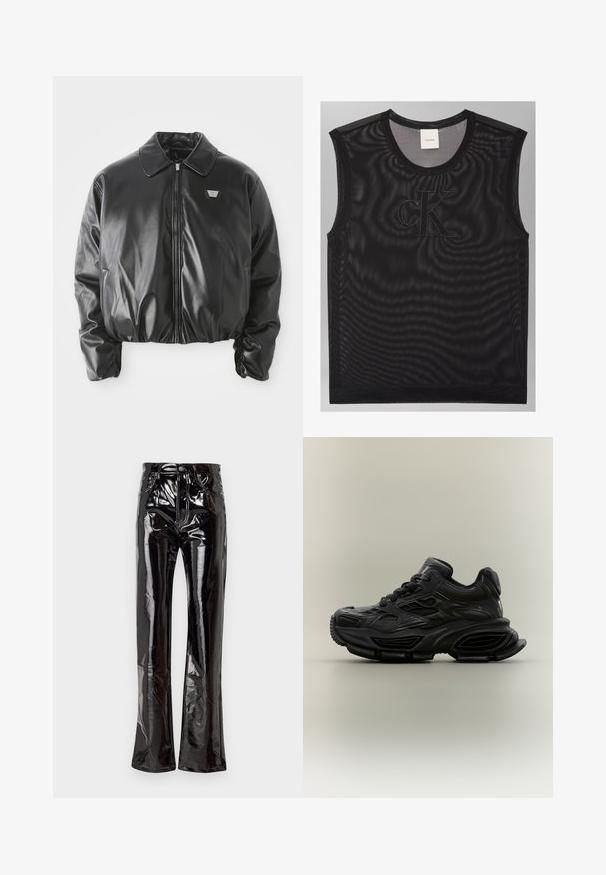 Chaqueta bomber de imitación cuero negra con cremallera frontal, parche de logo en el pecho, dobladillo y puños elásticos, y cuello clásico sobre fondo blanco.; Top negro de malla sin mangas con cuello redondo y gran logotipo "cK" bordado en el pecho, etiqueta Calvin Klein en la parte posterior del cuello.; Pantalones acampanados de cintura alta en negro, hechos de vinilo brillante, con bolsillos frontales, cierre de cremallera y detalles de costura expuesta.; Zapatilla deportiva negra y gruesa con diseño texturizado, suela gruesa y cierre de cordones mostrada sobre un fondo neutro y sencillo.