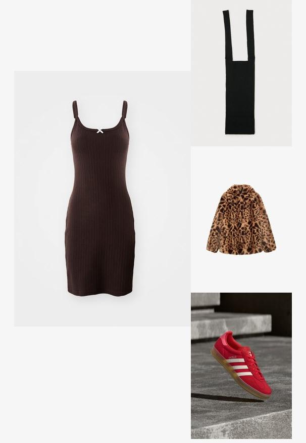 Abrigo de piel sintética con patrón de leopardo, con un exterior texturizado y esponjoso, en una combinación de colores marrón y beige, que presenta un cuello con muescas y sin cierres visibles.; Vestido marrón con relieve y tirantes finos, adornado con un lazo blanco en el escote. El diseño tiene una silueta ajustada y un dobladillo a la altura de la rodilla.; Zapatilla roja de gamuza con rayas blancas, suela plana de goma y talón texturizado. Presenta la marca "Gazelle" en el lateral y un diseño de punta redondeada.; Top sin mangas de punto acanalado negro con amplio escote cuadrado y tirantes largos, colocado sobre un fondo blanco.