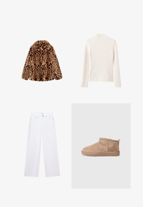 Leopardprint nepbontjas met een gestructureerd, fluffy exterieur, in bruine en tan kleurenschema, voorzien van een gekartelde kraag en zonder zichtbare sluitingen.; Geribbelde coltrui in off-white, gemaakt van zachte gebreide stof. Heeft lange mouwen en een aansluitend silhouet.; Witte jeans met hoge taille en wijde pijpen, voorzien van knoop- en ritssluiting, voor- en achterzakken, en zilverkleurige klinknageldetails.; Bruine suède enkellaarzen met een zachte binnenvoering, gestikt detail en een geprofileerde rubberen zool voor grip. Lussen aan de achterkant voor gemakkelijk aan- en uittrekken.