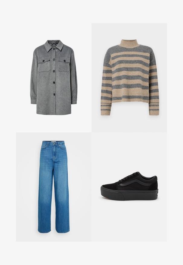Graue, knöpfbare Shirtjacke aus weichem Wollmix, mit klassischem Kragen, zwei Brusttaschen und schwarzen Knöpfen.; Gestreifter Strickpullover in Grau- und Beigetönen, mit hohem Kragen, breiten Bündchen an den Ärmeln und einer lockeren Passform im verkürzten Design.; Blaue hochgeschnittene weit geschnittene Jeans mit vorderem Knopf- und Reißverschluss, vorderen und hinteren Taschen sowie genähten Säumen auf weißem Hintergrund.; Schwarze Sneaker aus Wildleder und Canvas, mit einer runden Zehenpartie, flachem Schnürdesign und einer dicken Gummisohle mit subtiler Markenkennzeichnung.