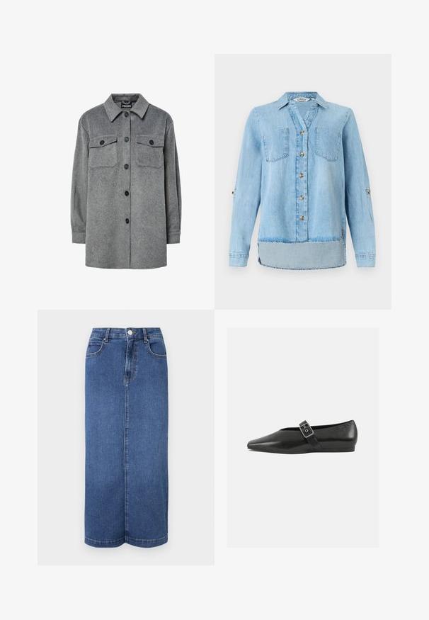 Graue, knöpfbare Shirtjacke aus weichem Wollmix, mit klassischem Kragen, zwei Brusttaschen und schwarzen Knöpfen.; Helles blaues Jeanshemd mit langen Ärmeln, durchgehender Knopfverschluss vorne, zwei Brusttaschen und leicht abgerundetem Saum.; Maxi-Rock aus Denim in Dunkelblau, mit geradem Schnitt, Bund mit Knopfverschluss und minimalistischen Nähten.; Schwarze Lederflachschuhe mit spitzem Zehenbereich, ausgestattet mit einem metallischen Riemen über dem Spann und einer niedrigen, flexiblen Sohle.