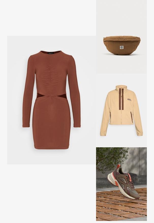 Beige fleece jakke med høj krave, der har brune lodrette striber og lynlås, pyntet med sidelommer og et logo-patch.; Even&Odd Jerseykjole - brown; Brun og koralfarvet Calvin Klein-sneaker svævende over en udendørs sti med mursten og småsten med sløret grønne planter og væg i baggrunden.; Brun quiltet stoftalje med en lynlåstop og et lille hvidt logo-patch i midten foran.